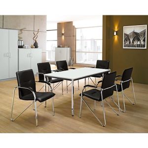 Sparset Besucherstuhl Samba, stapelbar, Bezug Kunstleder schwarz, Sitzmaße B 440 x T 470 x H 440 mm, 6 Stück + Konferenztisch, lichtgrau, B 1600 x T 800 mm Sparset Besucherstuhl Samba, stapelbar, Bezug Kunstleder schwarz, Sitzmaße B 440 x T 470 x H 440 mm, 6 Stück + Konferenztisch, lichtgrau, B 1600 x T 800 mm
