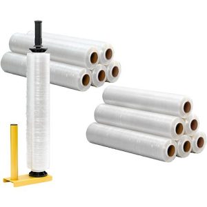 Sparset Handabroller für Stretchfolie + 12 Rollen Stretchfolie, Abroller für Rollen mit B 450-500 mm, Stahl, Stretchfolie L 300 m x B 500 mm, PE Sparset Handabroller für Stretchfolie + 12 Rollen Stretchfolie, Abroller für Rollen mit B 450-500 mm, Stahl, Stretchfolie L 300 m x B 500 mm, PE