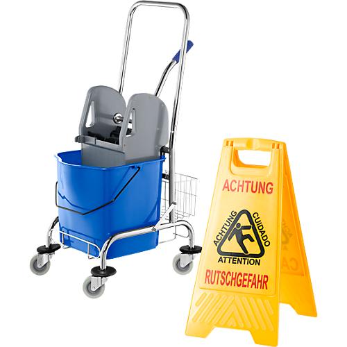 Sparset Reinigungswagen, 27 Liter + Gratis Aufsteller 'Rutschgefahr', zweisprachig