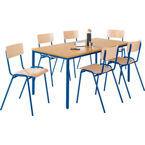 Sparset Stapelstühle, Buchenholz, Gestell blau, B 450 x T 520 x H 770 mm, 6 Stück + Tisch, Buche-Natur, Gestell blau, L 1600 x B 800 x H 720 mm
