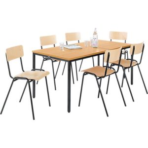 Sparset Stapelstühle, Buchenholz, Gestell schwarz, B 450 x T 520 x H 770 mm, 6 Stück + Tisch, Buche-Natur, Gestell schwarz, L 1600 x B 800 x H 720 mm Sparset Stapelstühle, Buchenholz, Gestell schwarz, B 450 x T 520 x H 770 mm, 6 Stück + Tisch, Buche-Natur, Gestell schwarz, L 1600 x B 800 x H 720 mm
