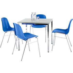 Sparset Stapelstuhl BETA, Bezug blau, Sitzmaße B 400 x T 420 x H 460 mm, 4 Stück + Konferenztisch, B 800 x T 800 mm, lichtgrau Sparset Stapelstuhl BETA, Bezug blau, Sitzmaße B 400 x T 420 x H 460 mm, 4 Stück + Konferenztisch, B 800 x T 800 mm, lichtgrau