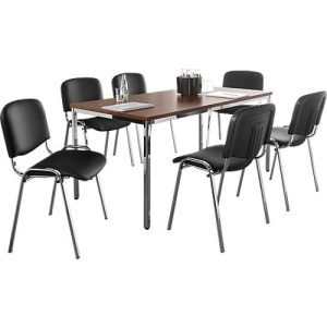 Sparset Stapelstuhl ISO Swing Basic, ohne Armlehnen, Kunstleder schwarz, Sitzmaße B 475 x T 415 x H 470 mm, 6 Stück + Tisch, Nussbaum-Dekor, B 1600 x T 800 mm Sparset Stapelstuhl ISO Swing Basic, ohne Armlehnen, Kunstleder schwarz, Sitzmaße B 475 x T 415 x H 470 mm, 6 Stück + Tisch, Nussbaum-Dekor, B 1600 x T 800 mm