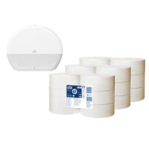 Sparset Tork® Jumbo Advanced Toilettenpapier 120272, 2-lagig, T1-kompatibel, 18 Rollen, weiß + Toilettenpapierspender Jumbo 554000, weiß Sparset Tork® Jumbo Advanced Toilettenpapier 120272, 2-lagig, T1-kompatibel, 18 Rollen, weiß + Toilettenpapierspender Jumbo 554000, weiß