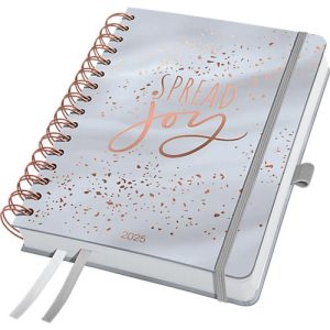 Spiralkalender Sigel Glittery Joy 2025, Format A5, Kalendarium in DE/EN/FR/NL, Gummiband, Stifteschlaufe & Einsteckfach 240 Seiten, Papier, grau Spiralkalender Sigel Glittery Joy 2025, Format A5, Kalendarium in DE/EN/FR/NL, Gummiband, Stifteschlaufe & Einsteckfach 240 Seiten, Papier, grau