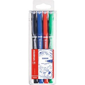 Stabilo Fineliner Sensor, Strichstärke 0,3 mm, metallgefasste Spitze, 4er Etui