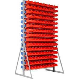 Ständerregal, 2-seitig bestückbar, 30 Reihen, inkl. 150 Sichtlagerkästen LF 211 blau & 150 Sichtlagerkästen LF 211 rot, B 1145 x T 800 x H 1950 mm