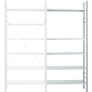 Steckregal R 3000, Komplettregal 5,155 m, 1 Grund- und 4 Anbaufelder incl. 25 Böden, lackiert, H 2278 x B 5155 x T 300 mm