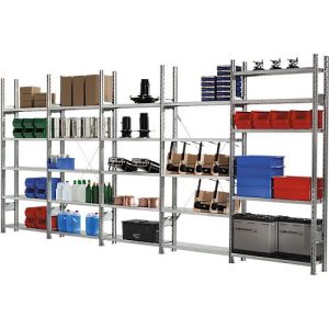 Steckregal R 3000, Komplettregal 5,155 m, 1 Grund- und 4 Anbaufelder incl. 25 Böden, verzinkt, H 2278 x B 5155 x T 400 mm