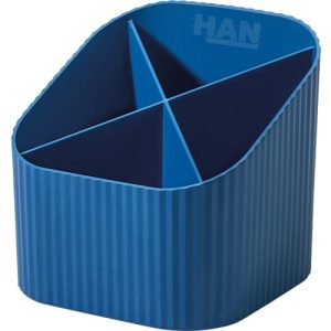 Stiftehalter HAN Karma, 4 unterschiedlich hohe Fächer, B 111 x H 105 x T 111 mm, recycelter Kunststoff, blau Stiftehalter HAN Karma, 4 unterschiedlich hohe Fächer, B 111 x H 105 x T 111 mm, recycelter Kunststoff, blau