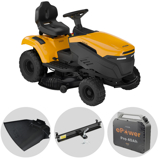 Stiga Tornado 398e – Rasentraktor + 1 ePower Pro 56V/40Ah-Akku – Seitenauswurf und Mulchfunktion