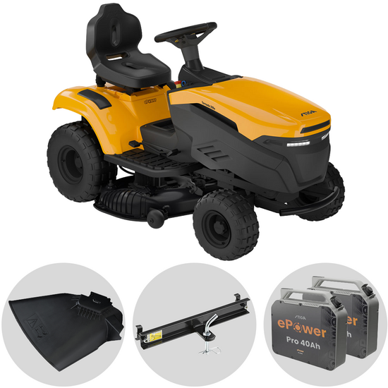 Stiga Tornado 398e – Rasentraktor + 2 ePower Pro-Akkus 56V/40A – Seitenauswurf und Mulchfunktion