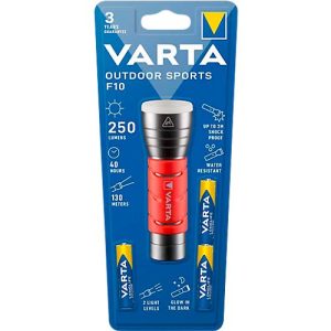 Taschenlampe VARTA Outdoor Sports F10, 250 lm, bis 130 m, bis 40 h, IPX4, 2 Leuchtmodi, nachtleuchtend, inkl. Batterien, Ø 40 x L 122 mm, rot-schwarz Taschenlampe VARTA Outdoor Sports F10, 250 lm, bis 130 m, bis 40 h, IPX4, 2 Leuchtmodi, nachtleuchtend, inkl. Batterien, Ø 40 x L 122 mm, rot-schwarz