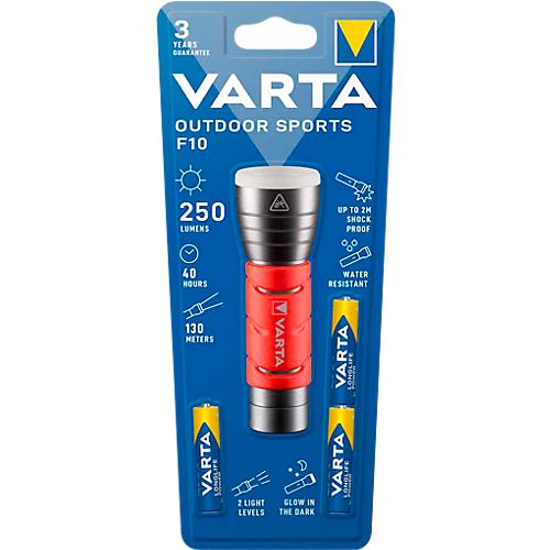 Taschenlampe VARTA Outdoor Sports F10, 250 lm, bis 130 m, bis 40 h, IPX4, 2 Leuchtmodi, nachtleuchtend, inkl. Batterien, Ø 40 x L 122 mm, rot-schwarz