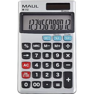 Taschenrechner MAUL M112, 12 Stellen, Tax, Solar- & Batteriebetrieb, B 70 x T 119 x H 10 mm, silber Taschenrechner MAUL M112, 12 Stellen, Tax, Solar- & Batteriebetrieb, B 70 x T 119 x H 10 mm, silber