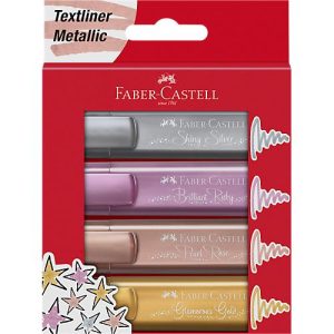 Textmarker Faber-Castell TL 46 Metallic, 3 Strichstärken: 1/2/5 mm, Tinte auf Wasserbasis, im 4er Etui, farbsortiert