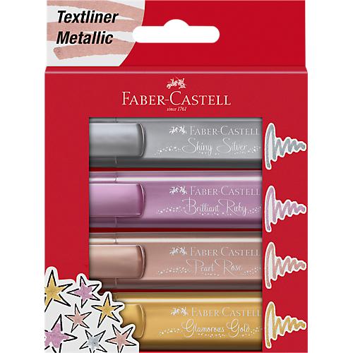 Textmarker Faber-Castell TL 46 Metallic, 3 Strichstärken: 1/2/5 mm, Tinte auf Wasserbasis, im 4er Etui, farbsortiert