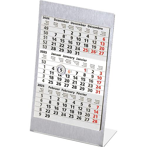 Tisch-Aufstellkalender Edelstahl 2025/206, 3-sprachig, magnetisch, 24 Seiten, Datumsschieber, B 105 x H 230 mm, Edelstahl gebürstet