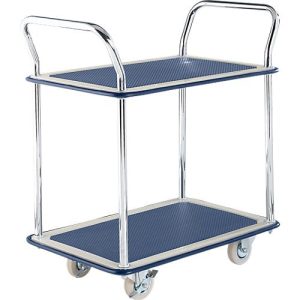 Tischwagen NB-104, 2 Etagen, L 790 x B 480 mm, bis 120 kg, blau, Vollgummi-Bereifung, Stahl verchromt Tischwagen NB-104, 2 Etagen, L 790 x B 480 mm, bis 120 kg, blau, Vollgummi-Bereifung, Stahl verchromt
