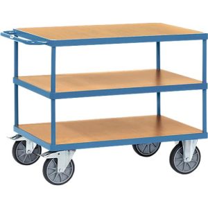 Tischwagen, schwer, 3 Etagen, 850 x 500 mm, bis 500/600 kg, Stahl/Holz, blau/buche Tischwagen, schwer, 3 Etagen, 850 x 500 mm, bis 500/600 kg, Stahl/Holz, blau/buche