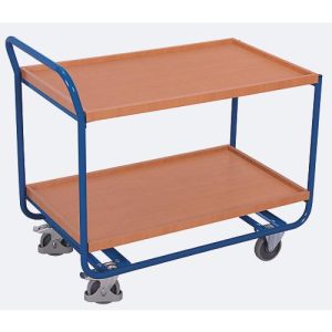 Tischwagen, Stahl/MDF-Platte, Enzianblau/Buche-Dekor, 2 Etagen, L 970 x B 570 mm, TPE-Rollen mit Feststellbremse, bis 200 kg Tischwagen, Stahl/MDF-Platte, Enzianblau/Buche-Dekor, 2 Etagen, L 970 x B 570 mm, TPE-Rollen mit Feststellbremse, bis 200 kg