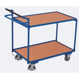 Tischwagen, Stahl/MDF-Platte, Enzianblau/Buche-Dekor, 2 Etagen, L 985 x B 605 mm, Rohrschiebegriff, TPE-Rollen mit Totmannbremse, bis 250 kg Tischwagen, Stahl/MDF-Platte, Enzianblau/Buche-Dekor, 2 Etagen, L 985 x B 605 mm, Rohrschiebegriff, TPE-Rollen mit Totmannbremse, bis 250 kg
