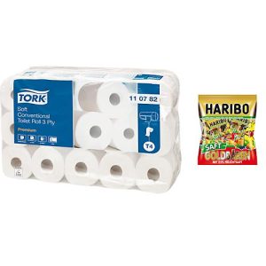 TORK Kleinrollen Toilettenpapier + Haribo Saft Goldbären Minis GRATIS TORK Kleinrollen Toilettenpapier + Haribo Saft Goldbären Minis GRATIS