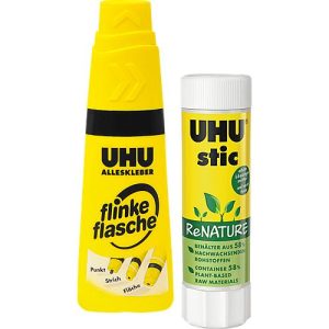 UHU Kleber-Sparset, 1x Klebestift 8,2 g, 1x Alleskleber Flinke Flasche 35 g, lösungsmittelfrei UHU Kleber-Sparset, 1x Klebestift 8,2 g, 1x Alleskleber Flinke Flasche 35 g, lösungsmittelfrei