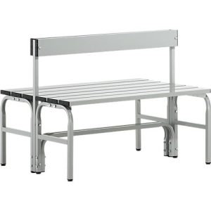 Umkleidebank, Edelstahlrohr/Alu, doppelt mit Rückenteil, 1015 mm breit, lichtgrau Umkleidebank, Edelstahlrohr/Alu, doppelt mit Rückenteil, 1015 mm breit, lichtgrau