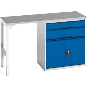 Unterbauwerkbank Bott verso, Linoleum-Platte, 2 Schubladen, 1 Tür, 1 Ablageboden, B 1500 x T 600 x H 930 mm, Lichtgrau / Enzianblau Unterbauwerkbank Bott verso, Linoleum-Platte, 2 Schubladen, 1 Tür, 1 Ablageboden, B 1500 x T 600 x H 930 mm, Lichtgrau / Enzianblau