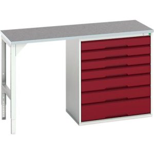 Unterbauwerkbank Bott verso, Linoleum-Platte, 7 Schubladen, B 1500 x T 600 x H 930 mm, Lichtgrau / Purpurrot Unterbauwerkbank Bott verso, Linoleum-Platte, 7 Schubladen, B 1500 x T 600 x H 930 mm, Lichtgrau / Purpurrot