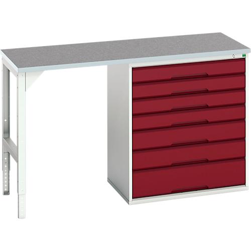 Unterbauwerkbank Bott verso, Linoleum-Platte, 7 Schubladen, B 1500 x T 600 x H 930 mm, Lichtgrau / Purpurrot