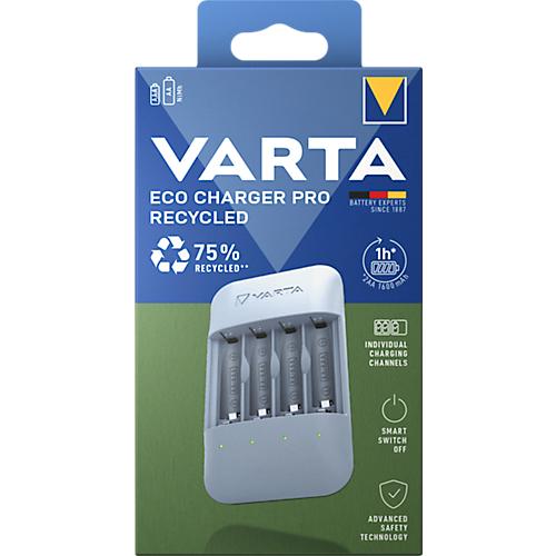 VARTA Akku Ladegerät Eco Charger Pro Recycled Box, aus 75% Recyclingmaterial, inkl. USB-Typ-C Ladekabel