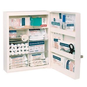 Verbandschrank FAMULUS, abschließbar, für Füllsets DIN 13157 &13169, 7 Innenfächer, B 350 x T 150 x H 450 mm, weiß