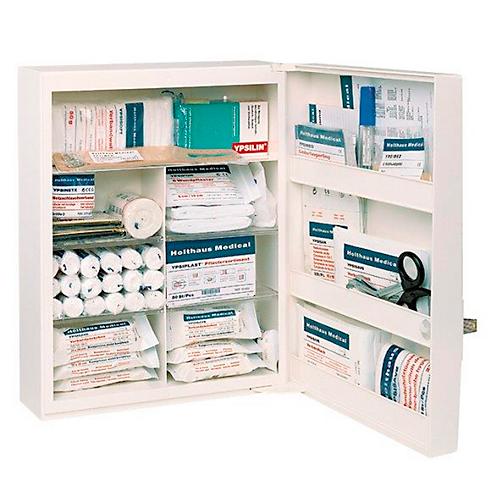 Verbandschrank FAMULUS, abschließbar, für Füllsets DIN 13157 &13169, 7 Innenfächer, B 350 x T 150 x H 450 mm, weiß