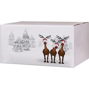 Versandkartons, mit Motiv „Rentiere im Schnee“, bis 30 kg, Außenmaße 406 x 306 x 210 mm, Feinwellpappe, weiß-braun, 20 Stück Versandkartons, mit Motiv „Rentiere im Schnee“, bis 30 kg, Außenmaße 406 x 306 x 210 mm, Feinwellpappe, weiß-braun, 20 Stück