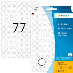 Vielzweck-Etiketten HERMA 2230, selbstklebende Markierungspunkte, Ø 13 mm, permanent haftend, 32 Blatt, Papier, matt, weiß Vielzweck-Etiketten HERMA 2230, selbstklebende Markierungspunkte, Ø 13 mm, permanent haftend, 32 Blatt, Papier, matt, weiß