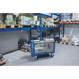 Vierwandwagen, Stahl/MDF-Platte, Enzianblau/Buche-Dekor, L 1200 x B 750 mm, herausnehmbare Längswände, TPE-Rollen mit EasySTOP, bis 500 kg Vierwandwagen, Stahl/MDF-Platte, Enzianblau/Buche-Dekor, L 1200 x B 750 mm, herausnehmbare Längswände, TPE-Rollen mit EasySTOP, bis 500 kg