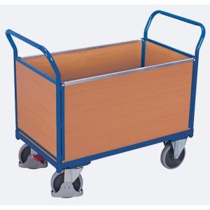 Vierwandwagen, Stahl/MDF-Platte, Enzianblau/Buche-Dekor, L 850 x B 450 mm, herausnehmbare Längswände, TPE-Rollen mit EasySTOP, bis 400 kg Vierwandwagen, Stahl/MDF-Platte, Enzianblau/Buche-Dekor, L 850 x B 450 mm, herausnehmbare Längswände, TPE-Rollen mit EasySTOP, bis 400 kg
