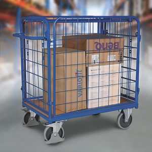 Vierwandwagen, Stahl/MDF-Platte, Enzianblau/Buche-Dekor, L 850 x B 500 mm, Nutzhöhe 925 mm, einhängbare Längswände, EasySTOP, bis 400 kg Vierwandwagen, Stahl/MDF-Platte, Enzianblau/Buche-Dekor, L 850 x B 500 mm, Nutzhöhe 925 mm, einhängbare Längswände, EasySTOP, bis 400 kg