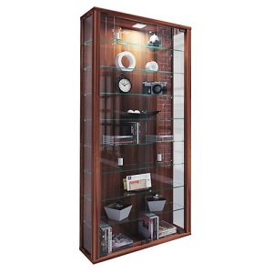 Wandvitrine Vitrosa Maxi, mit LED-Beleuchtung, 8 Einlegeböden, 2 Flügeltüren, B 590 x T 180 x H 1140 mm, Glas & Holz, Kern-Nussbaum-Dekor