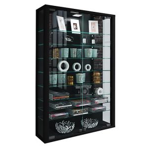 Wandvitrine Vitrosa Mini, mit LED-Beleuchtung, 8 Einlegeböden, 2 Flügeltüren, B 590 x T 180 x H 910 mm, Glas & Holz, schwarz