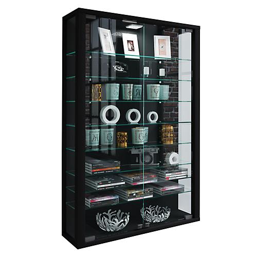 Wandvitrine Vitrosa Mini, mit LED-Beleuchtung, 8 Einlegeböden, 2 Flügeltüren, B 590 x T 180 x H 910 mm, Glas & Holz, schwarz
