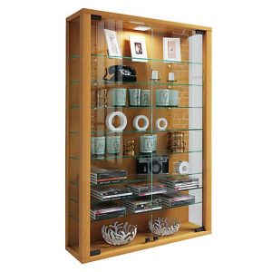 Wandvitrine Vitrosa Mini, ohne LED-Beleuchtung, 8 Einlegeböden, 2 Flügeltüren, B 590 x T 180 x H 910 mm, Glas & Holz, Buche-Dekor