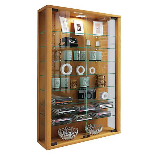 Wandvitrine Vitrosa Mini, ohne LED-Beleuchtung, 8 Einlegeböden, 2 Flügeltüren, B 590 x T 180 x H 910 mm, Glas & Holz, Buche-Dekor