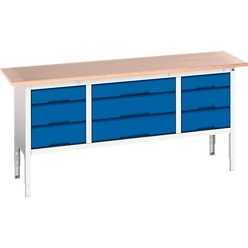 Werkbank Bott verso, bis zu 800 kg, 9 Schubladen, B 2000 x T 600 x H 930 mm, Buche Multiplex, Stahl, Lichtgrau RAL 7035 / Enzianblau 5010