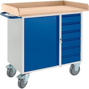 Werkbank mit Schrank, 6 Schubaden, 3-seitiger Holzumrand, 2 Lenkrollen/2 Bockrollen