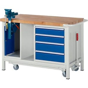 Werkbank Modell 8185, fahrbar, absenkbar, mit Schrank und Schubladen, B 1250 x T 700 x H 880 mm