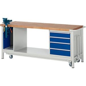Werkbank Modell 8185, fahrbar, absenkbar, mit Schrank und Schubladen, B 2000 x T 700 x H 880 mm