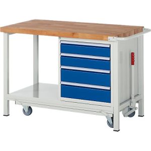 Werkbank Serie 8162, absenkbar, fahrbar, 4 Schubladen, B 1250 x T 700 x H 880 mm Werkbank Serie 8162, absenkbar, fahrbar, 4 Schubladen, B 1250 x T 700 x H 880 mm